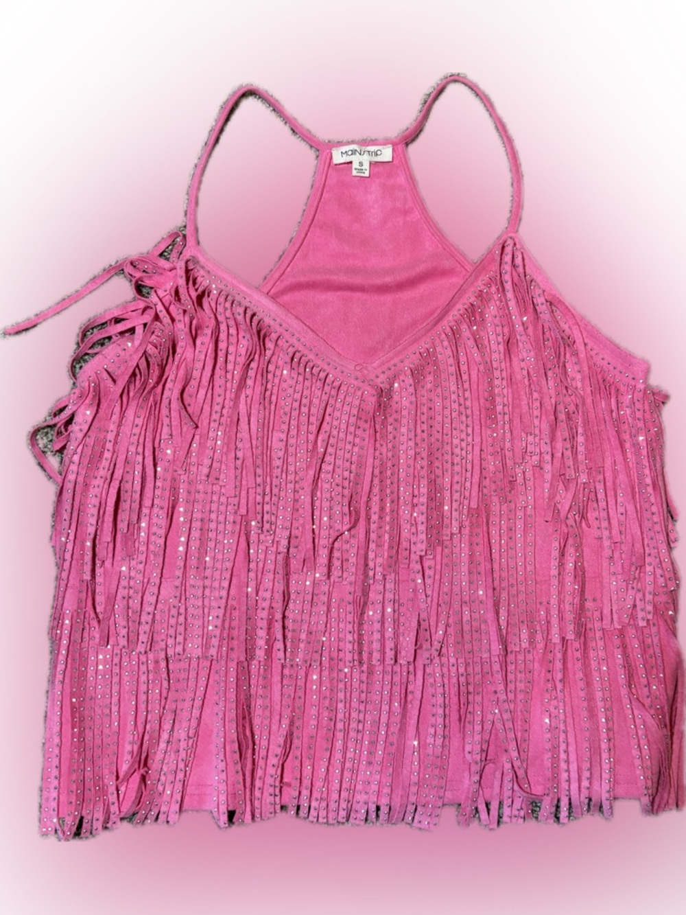 219. Main Strip Sparkly Hot Pink spaghetti strap crop top with fringe, Size S